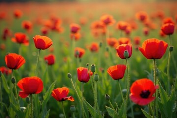 Obraz premium Dense scarlet poppies amongst lush green blades, bloom, outdoor