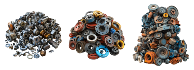 Close-up of Various Mechanical Parts Isolated on Transparent Background