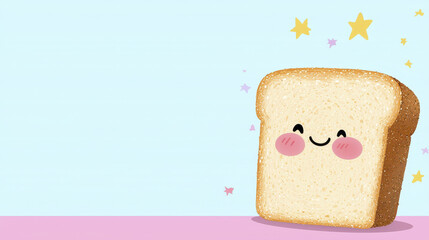Cute cartoon bread slice with smiling face, surrounded by colorful stars, pastel background. Perfect for children themes and food illustrations