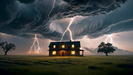 Dramatic lightning storm with dark clouds striking near isolated house on grassy field