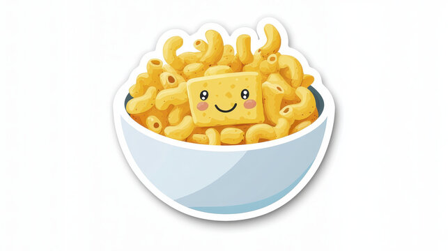Colorful bowl of macaroni pasta with smiling cheese cube, creating fun and playful food illustration that evokes joy and comfort - Powered by Adobe