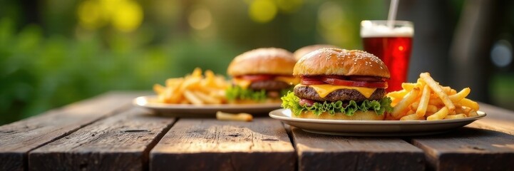 Rustic wooden picnic table laden with burgers, fries, soda, stock photo, tasty, burger