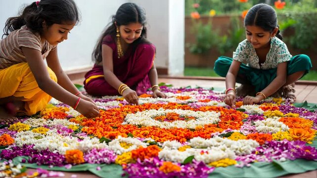Three young girls attentively design a vibrant floral pookalam on the floor, celebrating the traditional South Indian festival of Onam. The intricate arrangement of colorful petals reflects cultural 