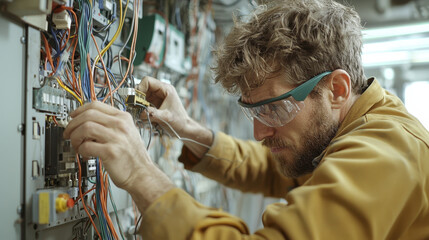 Experienced electrician working on complex wiring in control panel, showcasing focus and precision in technical environment