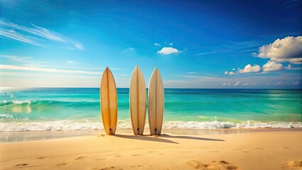 Summer beach background with three surfboards on turquoise sea, summer, beach, background, surfboards, turquoise, sea