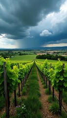 Stormy spring sky over Ribera del Duero vineyard, Valladolid, Spain , springtime, image