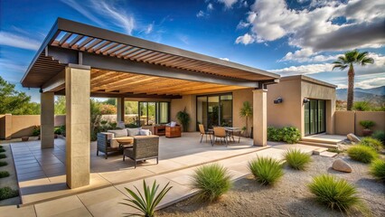 Fototapeta premium Desert house featuring a shaded patio , desert, house, architecture, patio, shade, relaxation, Southwest, design