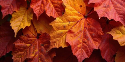 Close-up view of decaying autumn leaves, rich textures, red, background, abstract