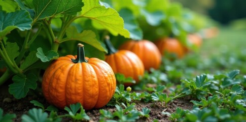 Mature pumpkin vine laden with pumpkins in garden, growth, nature, vegetable