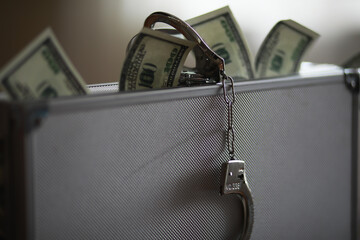 Suitcase Filled with Dollar Bills and Handcuffs Representing Financial Crime