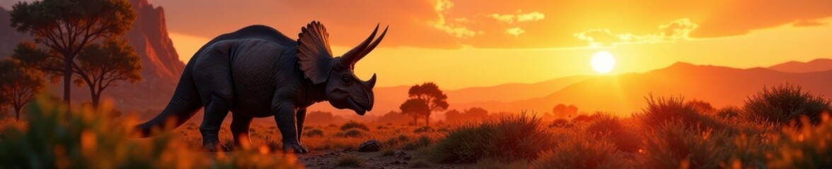 Fototapeta premium Triceratops grazing at sunset, vibrant prehistoric vegetation, paleoart, reptile, evolution