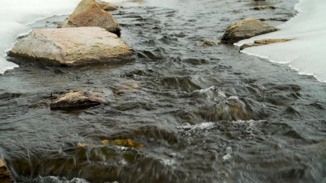 The spring current of a freshwater mountain river. Melting of snow and ice. The inflow of fresh water. Spring.