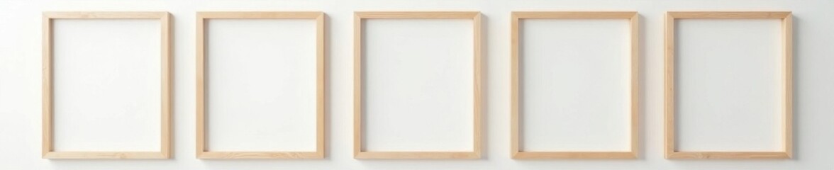 Several simple empty frames, light wood grain visible, pale wall, natural, background, arrangement