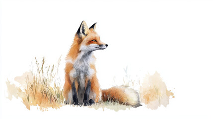 beautiful watercolor illustration of fox sitting gracefully in natural setting, surrounded by soft grasses and serene background © Chineewan Somsap