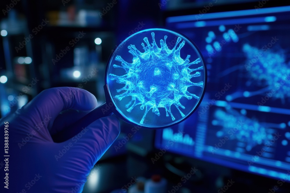 Poster scientist examines glowing holographic virus structure in a high-tech laboratory