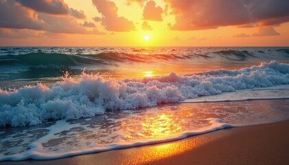 Fototapeta premium Golden sunset reflects on calm ocean waves, soft sand visible , tranquil, calm, travel