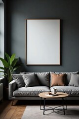 Dark loft living room, empty poster frame on grey wall, frame, mockup, canvas