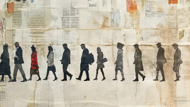 Silhouettes of people walking in a row on a textured, vintage newspaper background. Side view, resembling a video frame. Artistic and nostalgic style. Live desktop wallpaper.