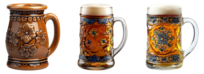 Three distinct beer mugs showcasing intricate designs on a transparent background