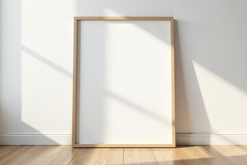 Empty frame mockup leans against wall on wooden floor, minimal, house