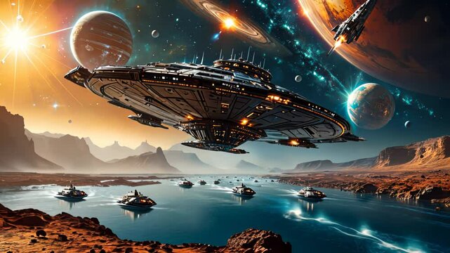 Giant spaceship landing on rocky alien planet with glowing atmosphere and distant mountain silhouettes. Concept of interplanetary travel and sci-fi exploration