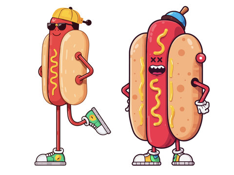 Sausage Mascot Cartoon Cute and Funny Vector Illustration Logo Icon, Mascot Logo with Hands Pose, Fast Food Menu Restaurant Marketing