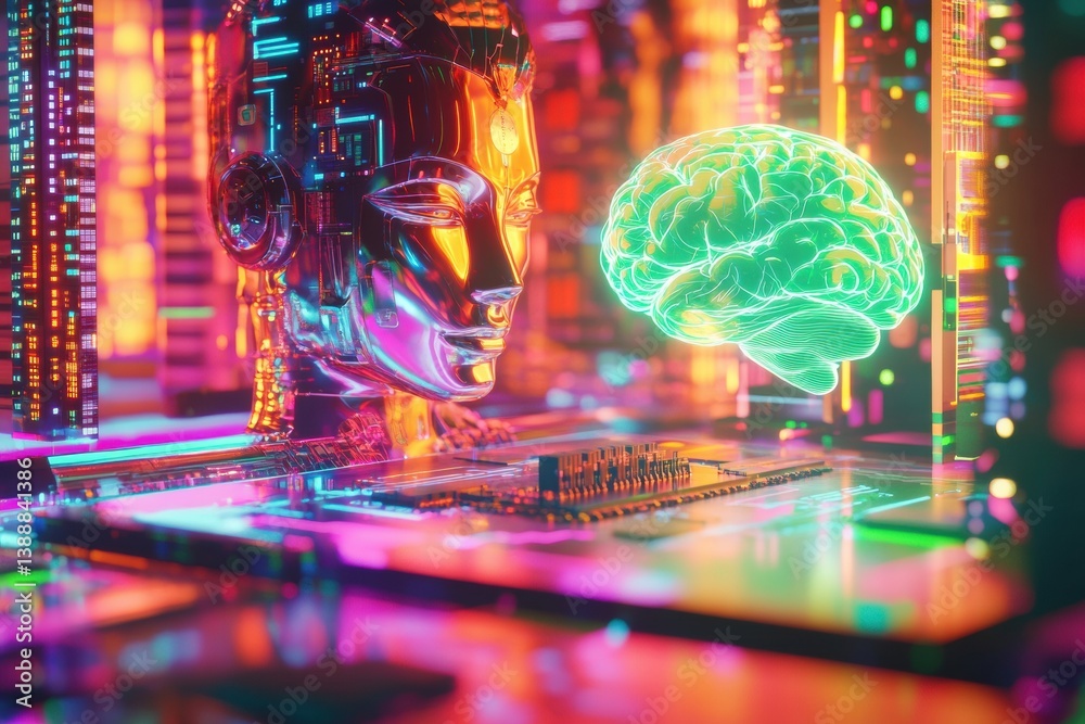 Leinwandbilder futuristic ai technology showing a robot, microchip, and digital brain on dynamic holographic platfo