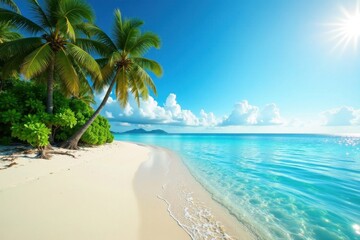 Obraz premium Palm-fringed shore meets crystal-clear shallows, bright sun , tropical beach, holiday