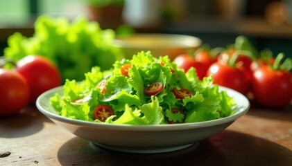 Vibrant green salad, fresh market veggies, sunlight, agriculture, tomatoes
