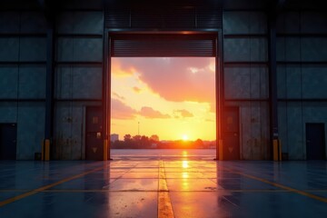 Huge metal doors, industrial warehouse at dusk Sun sets behind , red, factory