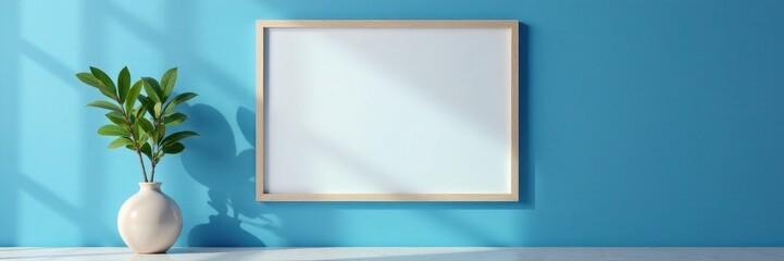 Fototapeta premium Empty frame mockup, blue wall, minimalist decor, presentation, apartment