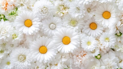 Obraz premium A beautiful arrangement of white flowers. A close-up view of various white flowers, including daisies, carnations, and other blooms. 