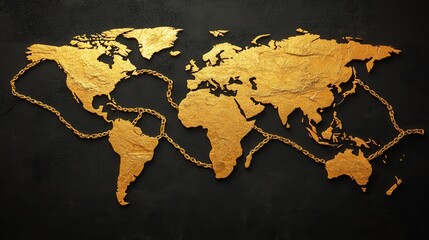 Golden world map design on a black background, featuring intricate details and a unique artistic style.