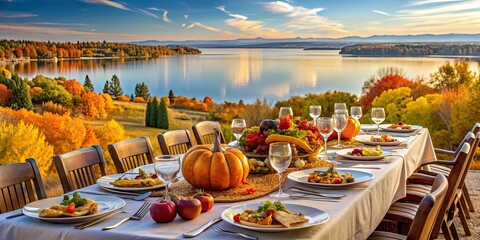 Fototapeta premium Sylvan Lake Thanksgiving dinner celebration overlooking the water , autumn, holiday, gathering, family, feast, lakeside