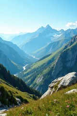 Fototapeta premium Expansive mountain view, rolling hills, clear sky, wild, rural
