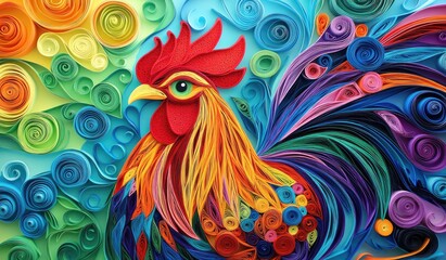 Fototapeta premium A vibrant, colorful paper quilling artwork featuring a majestic rooster with intricate swirls and patterns against a vivid backdrop.