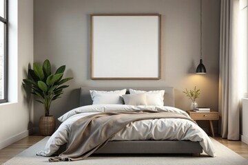 Modern bedroom, picture frame mockup above bed , serene, decor, art