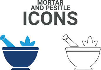 Mortar and pesitle icons. Containing experiment, test tube, microscope, flask, chemical, biology, research, lab and more. Solid vector icons collection.