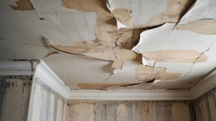 damaged ceiling with peeling paint and water damage.