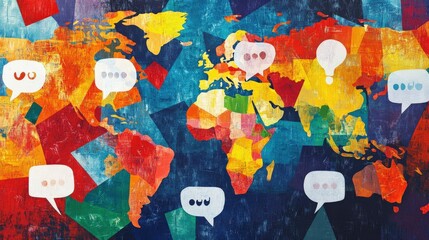 Fototapeta premium A fragmented world map illustrated with sharp angles and bright colors creating a sense of dynamism. Overlaying this backdrop an array of stylized dialogue iconslike chat bubbles and