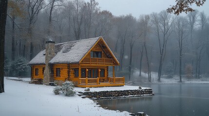 Cozy log cabin, nestled by a lake, blanketed in snow. Fireplace. Woods