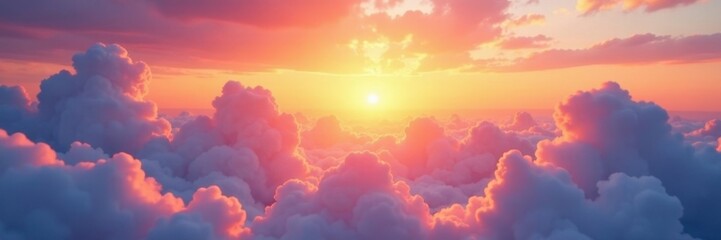 Sunrise paints pastel hues across fluffy clouds, golden light breaking through , dreamy, majestic, awe-inspiring