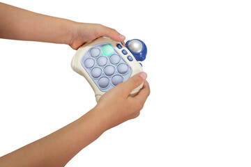 Boy's hand holding bubble button game on white background © Masteronline2017