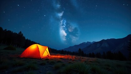 Starry night over tranquil campsite with tents , travel, campsite