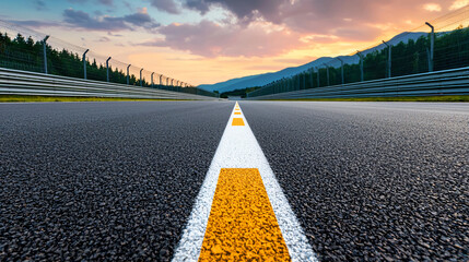 Asphalt Race Track Leading to Mountain at Sunset Landscape with Trees and Safety Barrier
