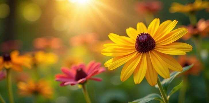 Sun-drenched rudbeckia and verbena in a late summer garden scene , golden, meadow