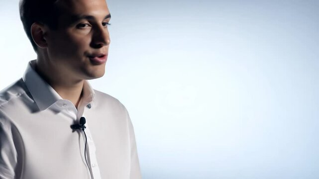 Calm speaker in white shirt speaking clearly into a lapel microphone, soft diffused light, blurred background, camera dollies out, clear and concise delivery