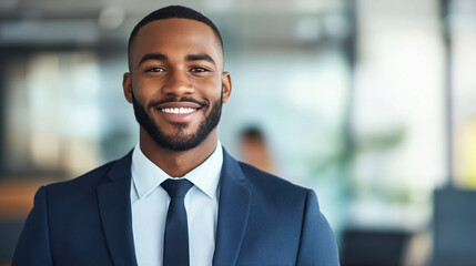 confident businessman with warm smile stands modern office environment, showcasing professionalism and approachability. His attire includes tailored suit and tie, reflecting polished appearance