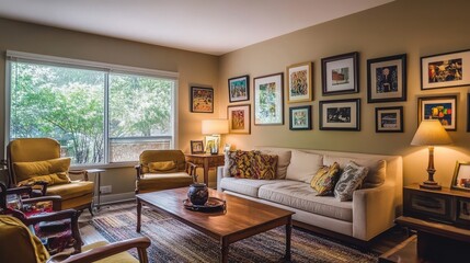 A cozy living room filled with furnishings and artwork displayed