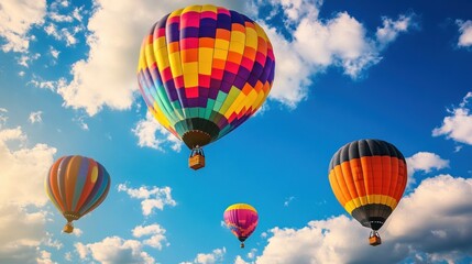 Obraz premium Hot Air Balloons Floating in Sunny Blue Sky with White Clouds